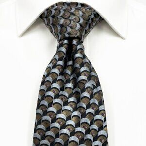 Vtg Guy Laroche Silk Tie Art Deco Scalloped Fan Geometric Blue Brown Designer